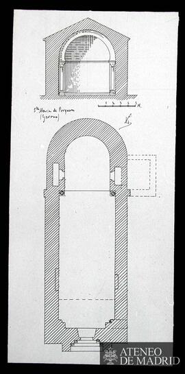 Planta y sección de Santa María de Porqueras de Gerona. (Dibujo de Vicente Lampérez y Romea)