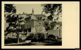 Tarjeta postal de vista panorámica de la zona rocosa de Bockfelsen en Luxemburgo.