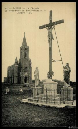 Tarjeta postal de vista exterior de la Capilla de Nuestra Señora del Buen Socorro y el Calvario o...