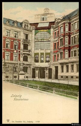 Tarjeta postal a color de vista exterior de la Künstlerhaus en Leipzig editada por Dr. Trenkler C...