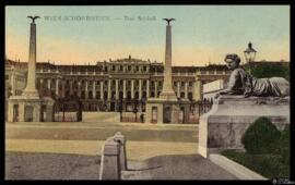 Tarjeta postal a color de vista exterior del Palacio de Schönbrunn de Viena editada por el Verlag...