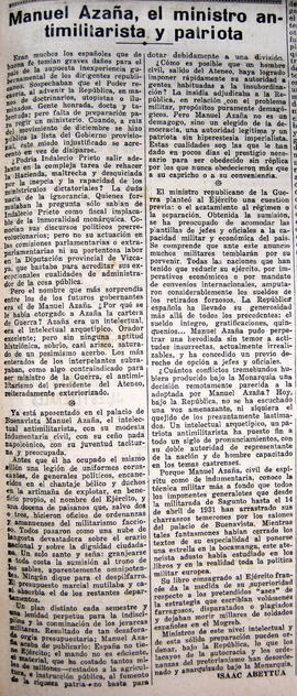 1931-05-26. Manuel Azaña, el ministro antimilitarista y patriota. El Liberal (Madrid)