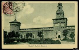 Tarjeta postal de vista exterior del Castello Sforzesco y su Torre del Filarete editada por Baldi...