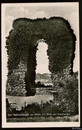 Tarjeta postal del Rolandsbogen con vista hacia el paisaje de Drachenfels, cerca de Bonn, editada...