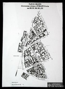 "Plano de conjunto de las excavaciones verificadas en Numancia en los años 1906, 1907, 1908,...