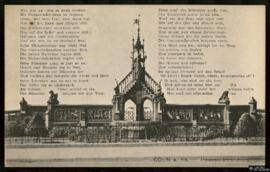 Tarjeta postal de la Heinzelmännchenbrunnen de Colonia con poema de August Kopisch al anverso ded...