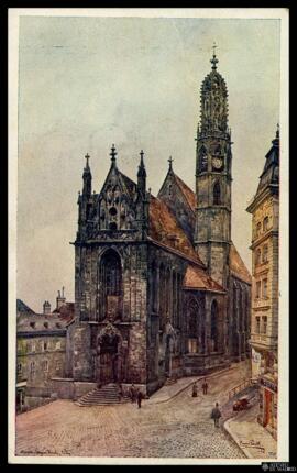 Tarjeta postal de ilustración a color de vista exterior de la Iglesia María am Gestade en Viena e...