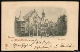 Tarjeta postal circulada de vista exterior del Ayuntamiento de Hildesheim