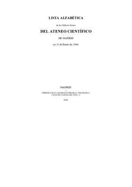 Lista alfabética de los Señores Socios  del Ateneo Científico, Literario y Artístico de Madrid en...