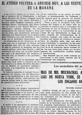 1931-03-11. El Ateneo volverá a abrirse hoy. Ahora (Madrid)