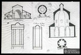 Planta de San Pablo de Roma ; planta del baptisterio de Santa Constanza ; planta de Santa María l...