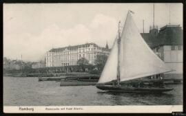 Tarjeta postal de vista exterior del Hotel Atlantic y el Lago Alster en Hamburgo editada por Knac...