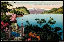 Tarjeta postal a color de vista del paisaje de Bellagio y sus alrededores en el Lago di Como desd...