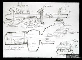 Dibujo del lagar con el mecanismo para prensar la uva que se encuentra en el interior de las cuev...