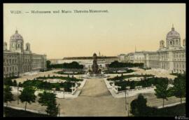 Tarjeta postal a color del Hofmuseen y el Monumento a María Teresa en Viena editada por W. D. W. I.