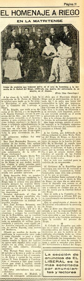 1931-11-10. Fotografía del homenaje a Rafael del Riego en el Ateneo y reseña del acto en la Matri...