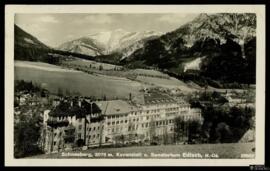 Tarjeta postal circulada de vista panorámica de la montaña Schneeber, el Kuranstalt y el Sanatori...