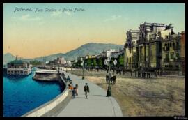 Tarjeta postal policromada de escena costumbrista urbana junto al Foro Italico y la Porta Felice ...