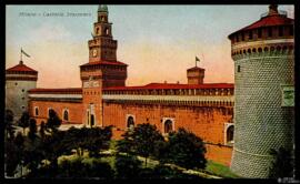 Tarjeta postal a color del de vista exterior del Castello Sforzesco de Milán editada por Cesare C...