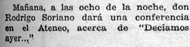 1931-06-14. Anuncio de conferencia de Rodrigo Soriano. Ahora (Madrid)