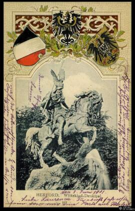 Tarjeta postal circulada del Wittekind-Denkmal de Herford con los escudos de armas de la Reichsfl...