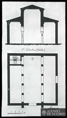 Planta y sección de San Sebastián de Toledo.  (Dibujo de Vicente Lampérez y Romea)