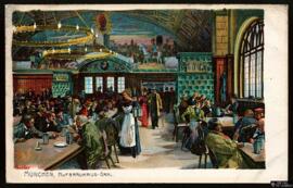 Tarjeta postal a color de vista interior de la histórica cervecería Hofbräuhaus-Saal en Múnich ed...