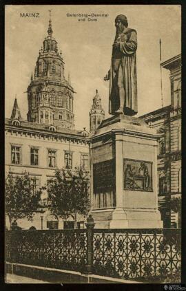 Tarjeta postal del monumento escultórico a Johannes Gutenberg y la Catedral de Maguncia