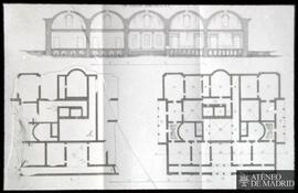 Plantas y sección de un edificio ("sezione sulla linea a - b")