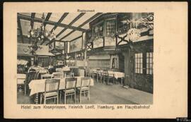 Tarjeta postal de litografía de vista interior del restaurante del Hotel zum Kronprinzen, propied...