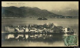 Tarjeta postal de vista panorámica de la Isola Bella en el Lago Mayor de Italia remitida por E. B...