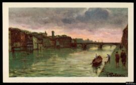Tarjeta postal a color de las orillas del río Arno y el Ponte Santa Trinità de Florencia editada ...