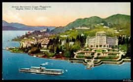 Tarjeta postal a color de vista panorámica del Regina Hôtel en Stresa Borromeo junto al Lago Mayo...