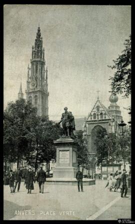 Tarjeta postal de escena urbana costumbrista en la Plaza Verde o Groenplaats en Amberes