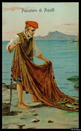 Tarjeta postal de ilustración a color de un pescador en Amalfi