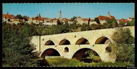 Tarjeta postal a color del Doppelbrücke sobre río Tauber en Rotemburgo, fotografía y edición del ...