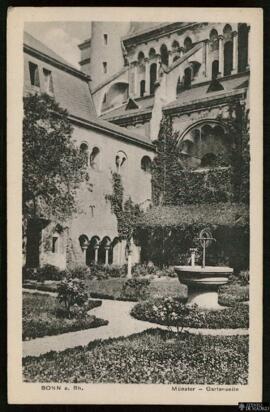 Tarjeta postal de vista exterior en el jardín de la Münsterkirche en Bonn editada por el Kunstans...