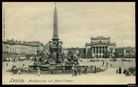 Tarjeta postal de la fuente monumental Mendebrunnen y el Neues Theater en la Augustusplatz de Lei...