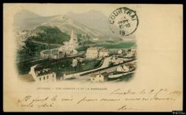 Tarjeta postal circulada a color de vista general de la Basílica del Rosario de Lourdes remitida ...