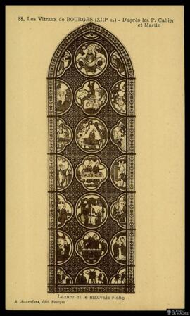 Tarjeta postal de detalle del vitral de la Catedral de Bourges según P. Cahier y Martín que repre...