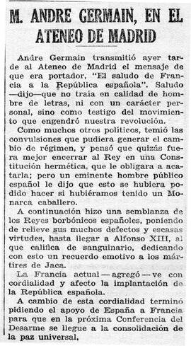 1931-05-22. Reseña de la conferencia de André Germain. Ahora (Madrid)