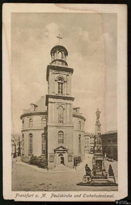 Tarjeta postal de la Paulskirche y el Einheitsdenkmal en Frankfurt