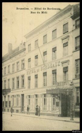 Tarjeta postal circulada de vista exterior del Hôtel de Bordeaux en la rue du Midi de Bruselas re...