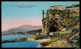 Tarjeta postal policromada de vista panorámica de Grimaldi di Ventimiglia y su túnel ferroviario ...