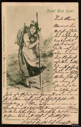 Tarjeta postal circulada de ilustración campestre y la expresión "Behüt' dich Gott!" [D...