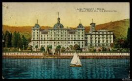 Tarjeta postal circulada a color de vista general del Grand Hôtel des Iles Borromées en Stresa, j...