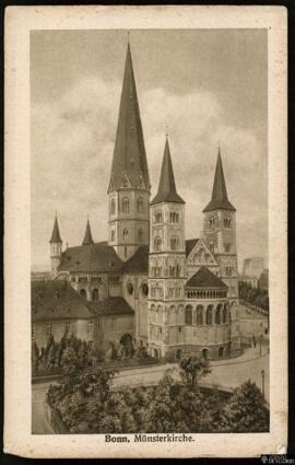 Tarjeta postal de vista exterior de la Münsterkirche en Bonn editada por el Kunstverlag Wilhelm K...