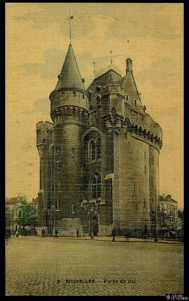 Tarjeta postal a color de vista exterior de la Puerta de Hal en Bruselas