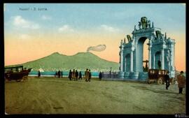 Tarjeta postal a color de la Fontana del Gigante en el Borgo di Santa Lucia de Nápoles