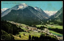 Tarjeta postal circulada a color de vista panorámica de Pontresina y el paisaje de Rosegtal remit...